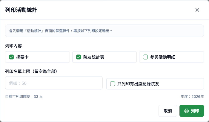 活動統計 真實畫面 - 列印 面板會看到什麼 位置參考