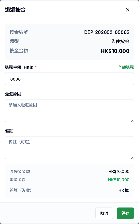 按金管理 真實畫面 - 退還按金 面板會填什麼 位置參考