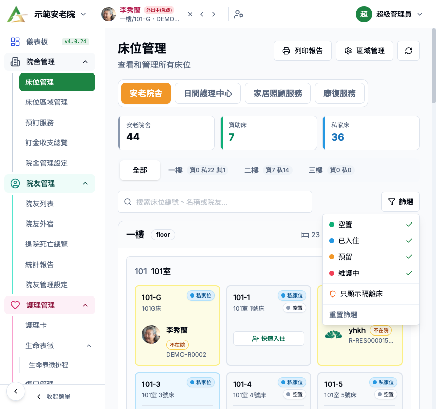 床位管理 真實畫面 - Button / Icon 逐項說明 位置參考