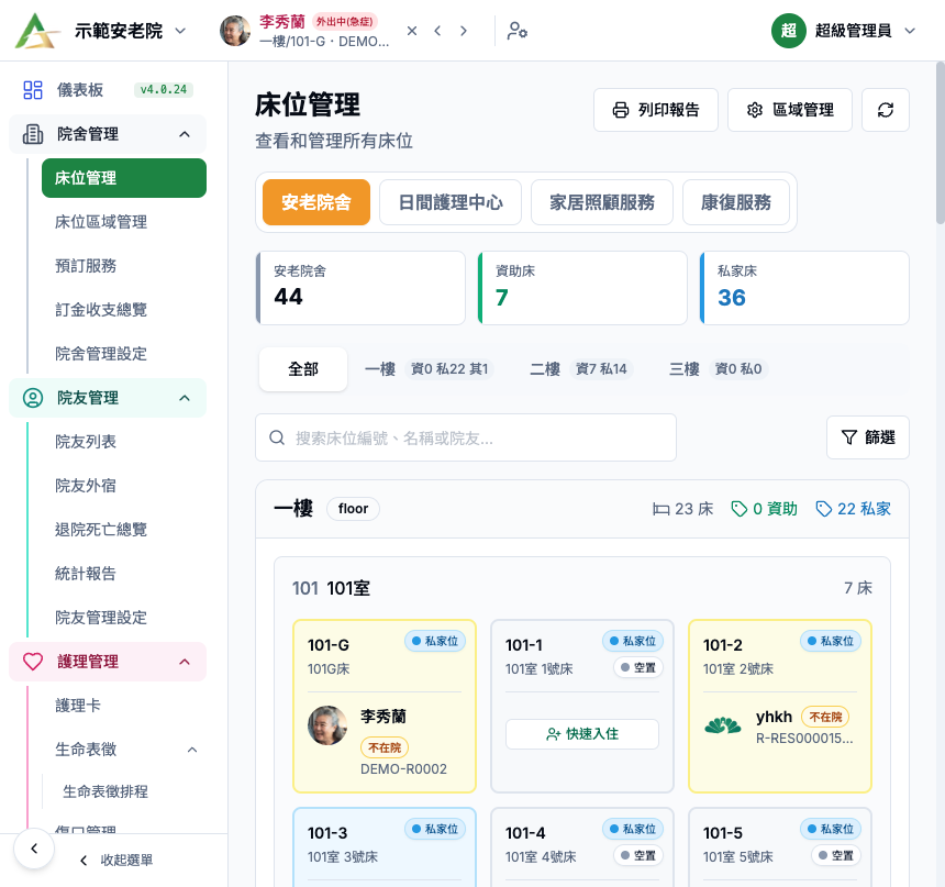 床位管理 真實畫面