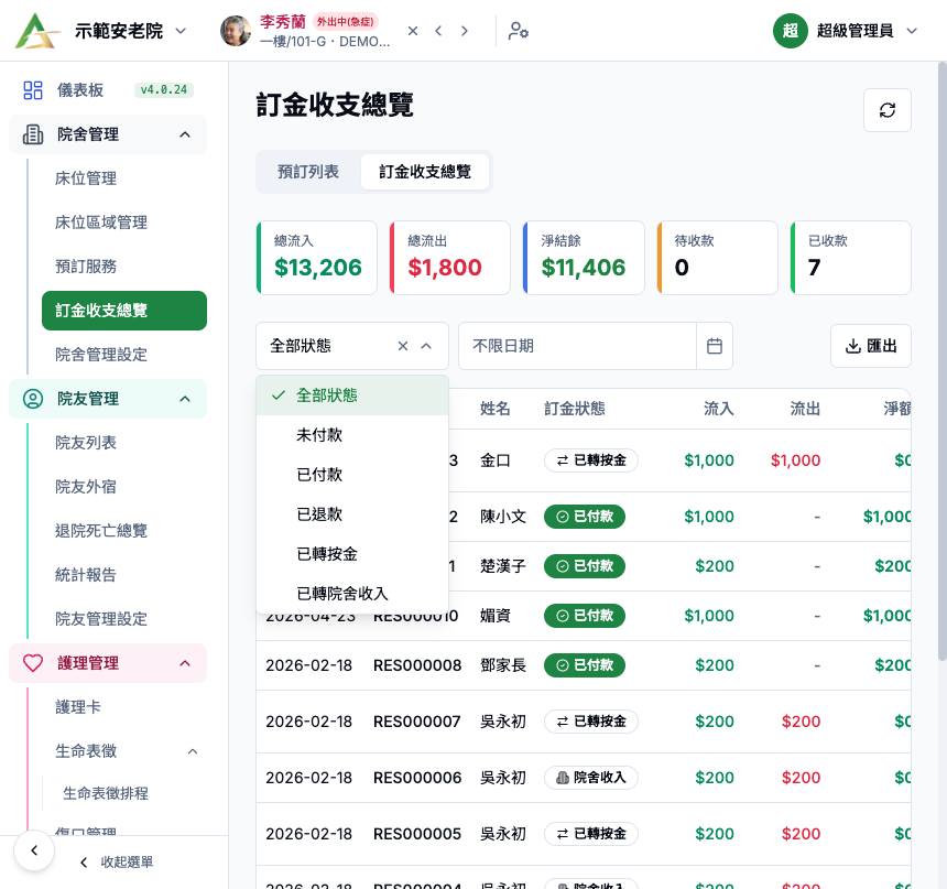 訂金收支總覽 真實畫面 - Button / Filter / Table 逐項說明 位置參考