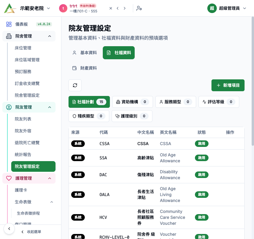 院友管理設定 社福資料分頁